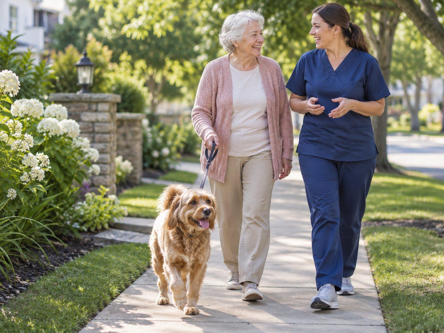 An older woman and a caregiver walk a golden dog along a tree-lined sidewalk on a sunny afternoon.