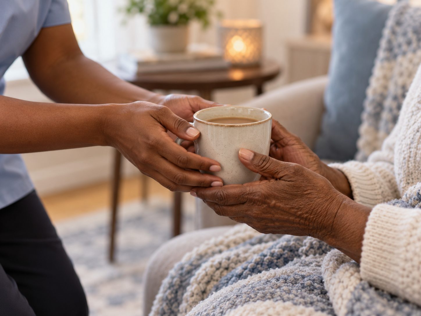 A caregiver hands a warm mug of coffee to an older person wrapped in a knit blanket in a living room chair.