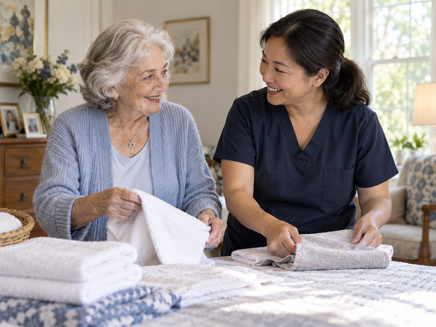 A caregiver and an older woman fold white towels together at a table by a sunny window.